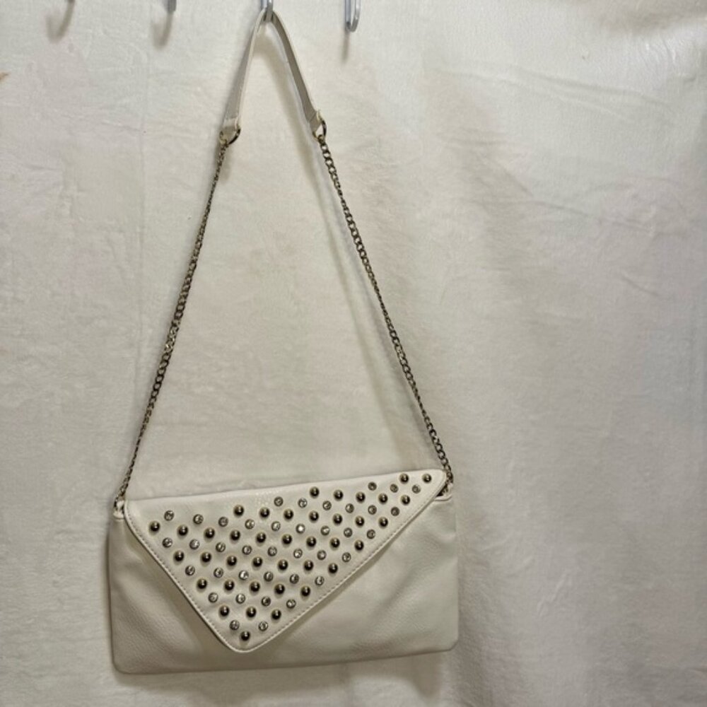 Studded White Faux Leather Shoulder Bag